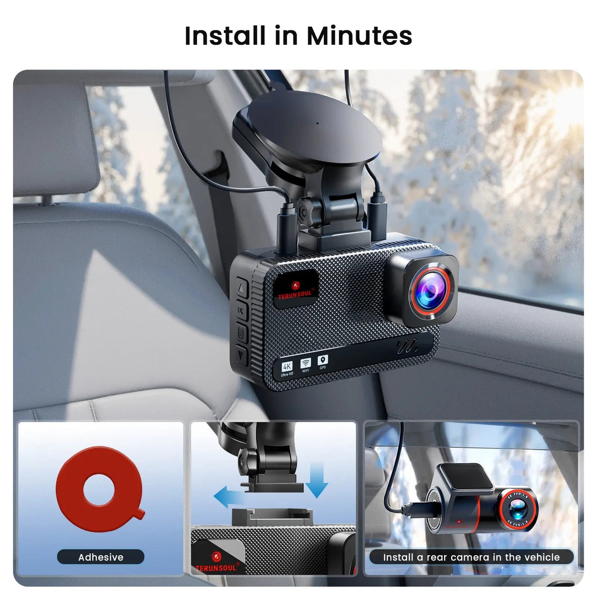 TERUNSOUL D016 Dash Cam 4K+4K 2-Channel Front and Rear